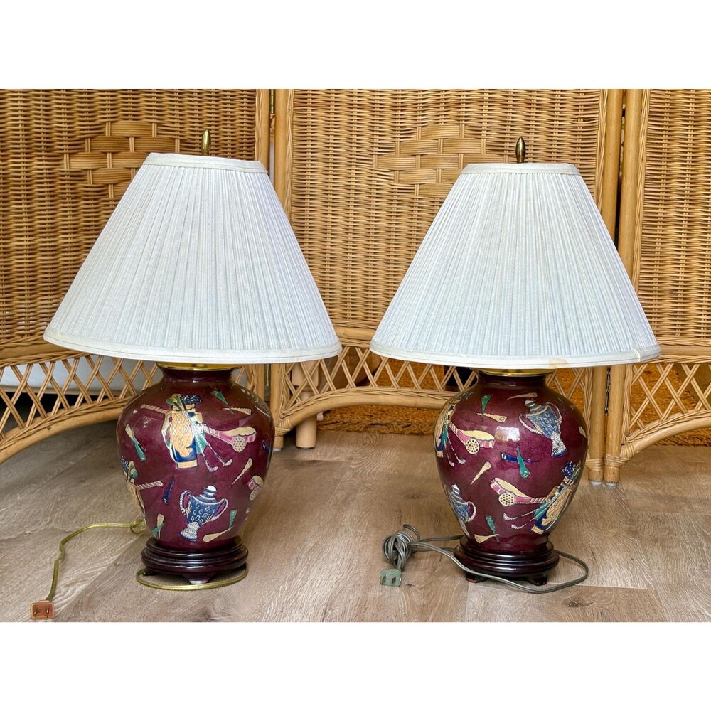Vintage Golf Table Lamps Pair Burgundy Ceramic Golfer Lamp Country Club Decor - Picture 7 of 14